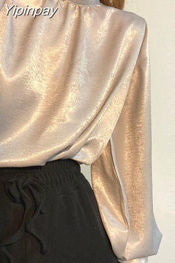 Yipinpay Blouse Long Lantern Sleeve Office Chic Ladies Shirt White Korean Fashion Clothing Black Spring Blouses Women Top Chemise